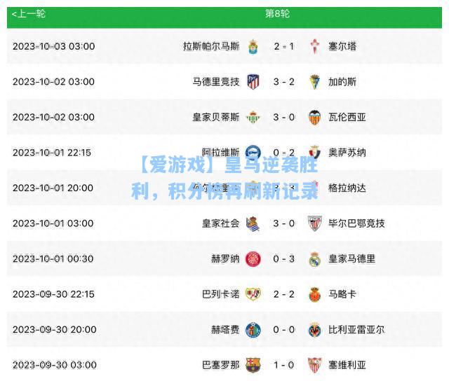 皇马逆袭胜利，积分榜再刷新记录